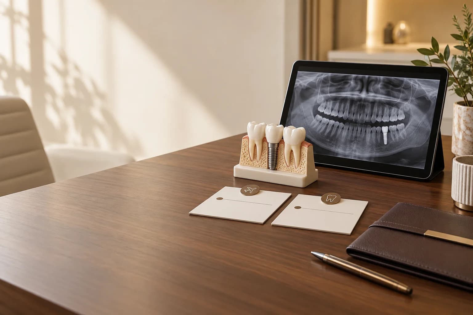 Editorial planning scene for Dental implant travel plan: visits, records and follow-up