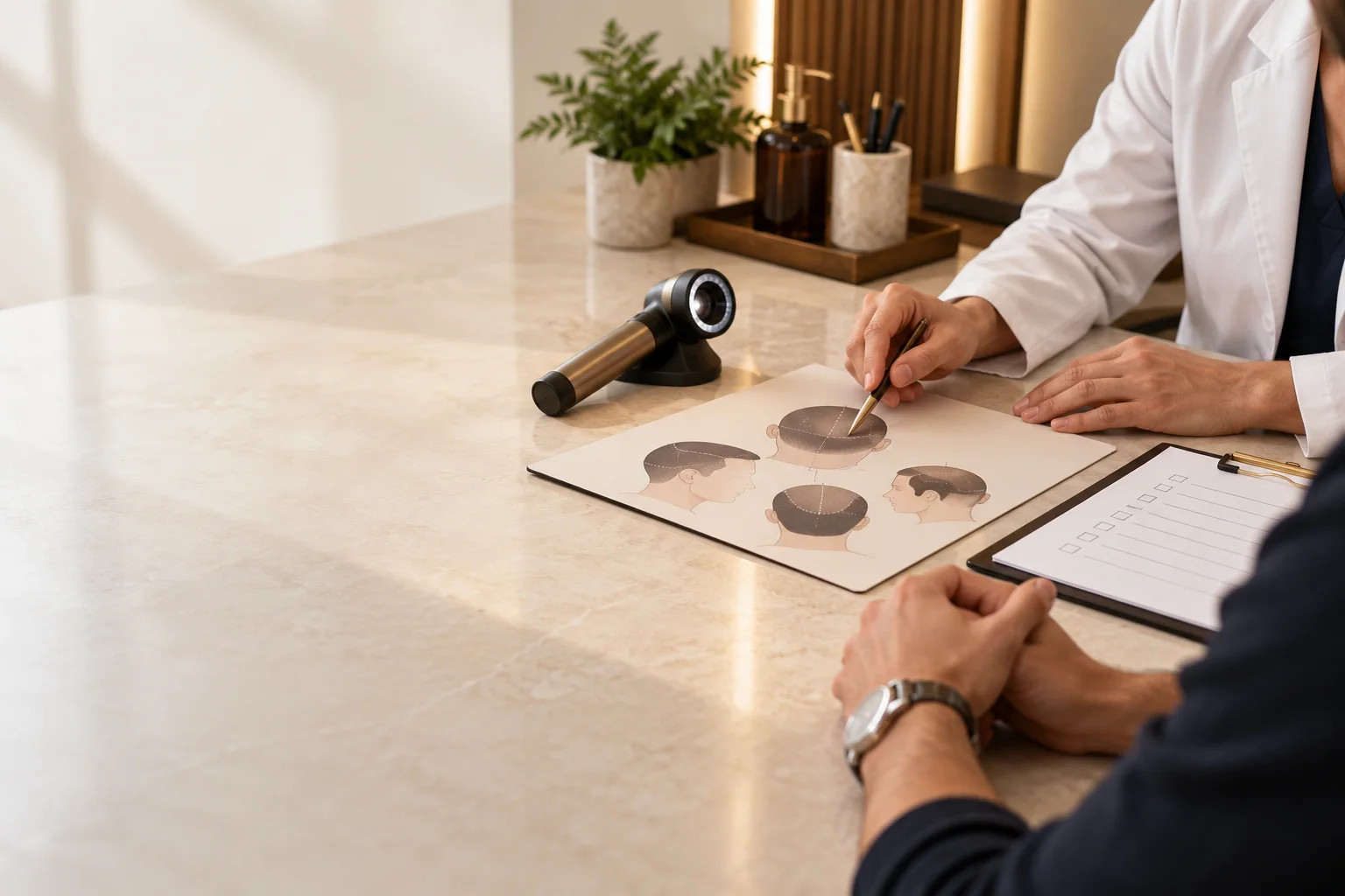 Editorial planning scene for Hair transplant consultation: questions to ask before you travel